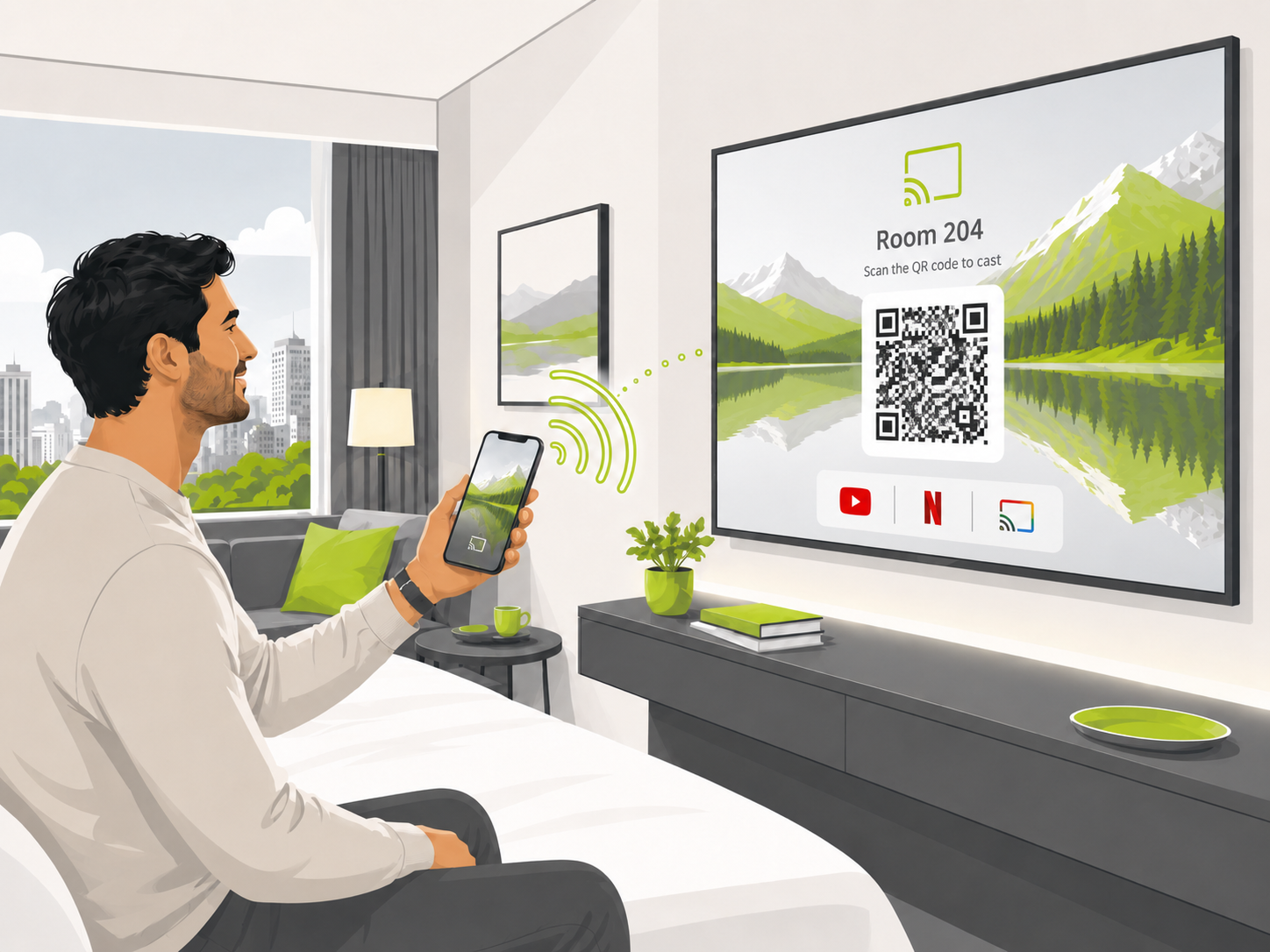 Gast verbindet sein Smartphone mit dem Hotel-TV per Casting